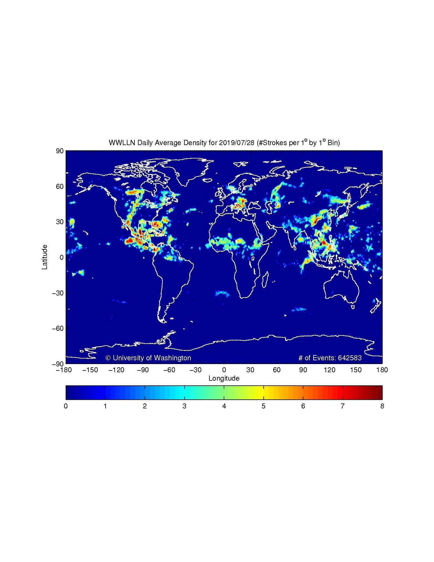 Latest picture of daily average lightning strikes (sferics) over the World
